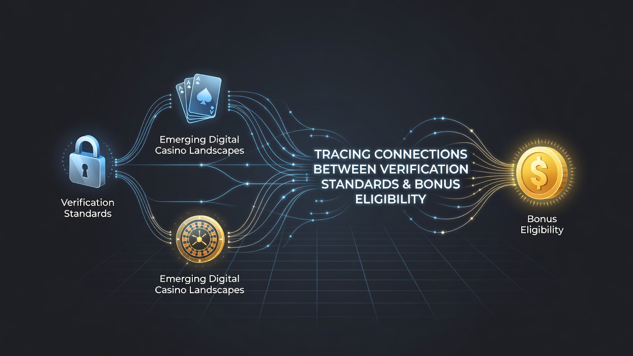 Illustration von Verifizierungsprozessen in digitalen Casino-Plattformen mit Fokus auf Identitätsprüfung und Bonusbedingungen